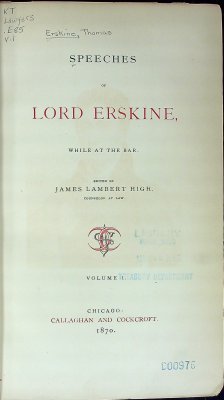Speeches of Lord Erskine, While At the Bar. Vols. 1-2 cover