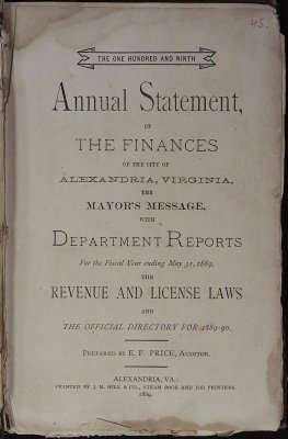 The One Hundred and Ninth Annual Statement, of the Finances of the City of Alexandria, Virginia ... and the Official Directory for 1889-90 cover