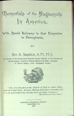 Memorials Of The Huguenots In America: With Special Reference To Their Emigration To Pennsylvania cover