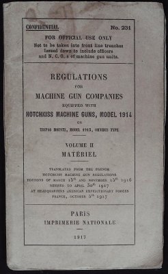 Regulations for machine gun companies equipped with Hotchkiss machine guns, model 1914 on tripod mounts, model 1915, omnibus type. Volume II, Matériel cover