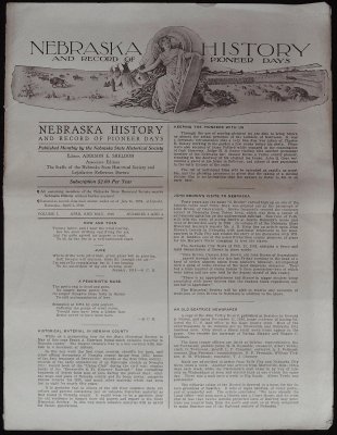 Nebraska History and Record of Pioneer Days; Vol. 1, nos. 3-8 (Apr-Dec 1918) a,d Vol. 2, nos. 1-3 (Jan-Sep 1919) cover