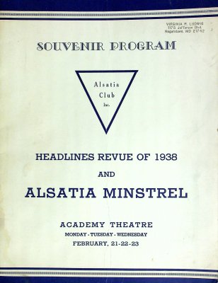 Headlines Revue of 1938 and Alsatia Minstrel: Academy Theatre, Monday, Tuesday, Wednesday, February, 21, 22, 23 (Souvenir Program) cover