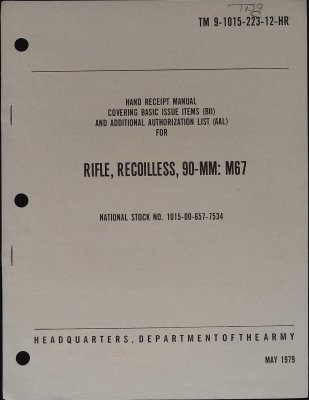 Hand Receipt Manual Covering Basic Issue Items (BII) and Additional Authorization List (AAL) for Rifle, Recoilless, 90-MM: M67 (TM 9-1015-223-12-HR) cover