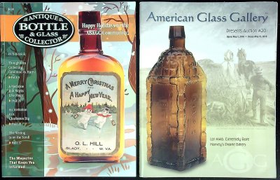Antique Bottle & Glass Collector, Vol. 34, no.9 to Vol. 35, no. 8 (Jan-Dec 2018); American Glass Gallery Auctions 13-16, 18, 20 (2015-2018) cover