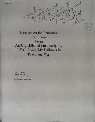 Photocopy of "Extracts on the Peninsula Campaign from an Unpublished Manuscript by T.S.C. Lowe, 'My Balloons in Peace and War'" cover